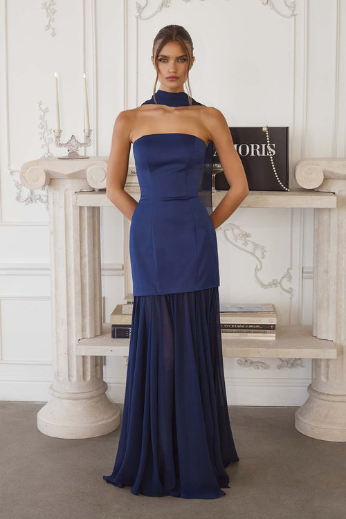 Strapless satin fitted dress with pleated chiffon skirt, dark navy