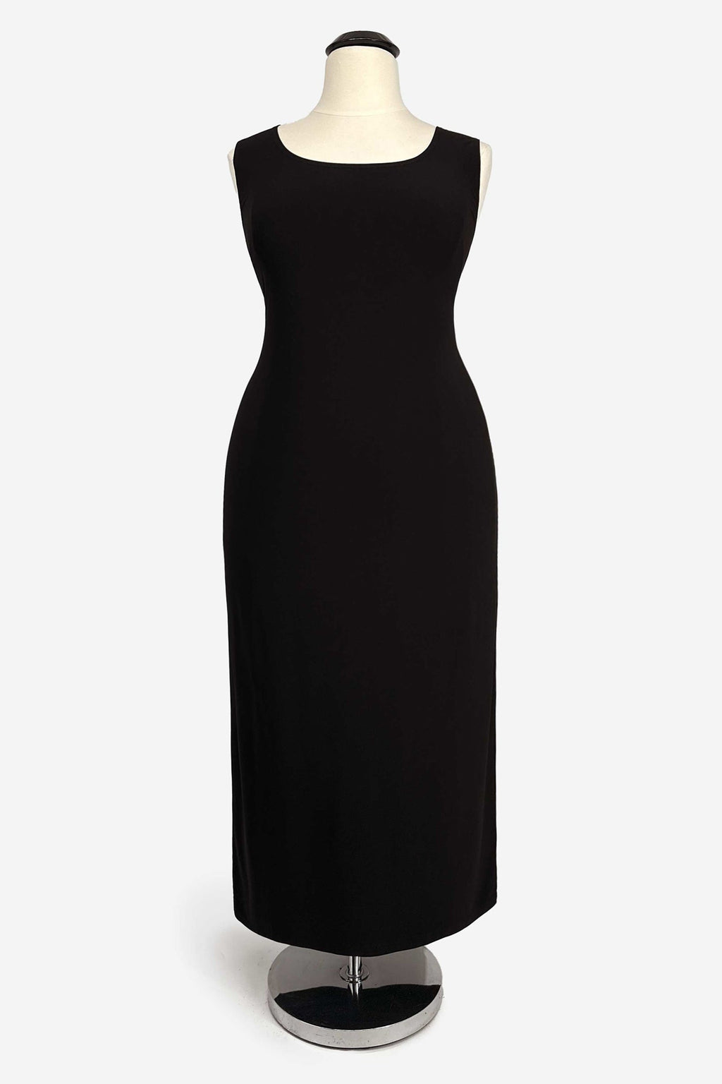 Black fitted column evening dress on mannequin with simple sleeveless neckline