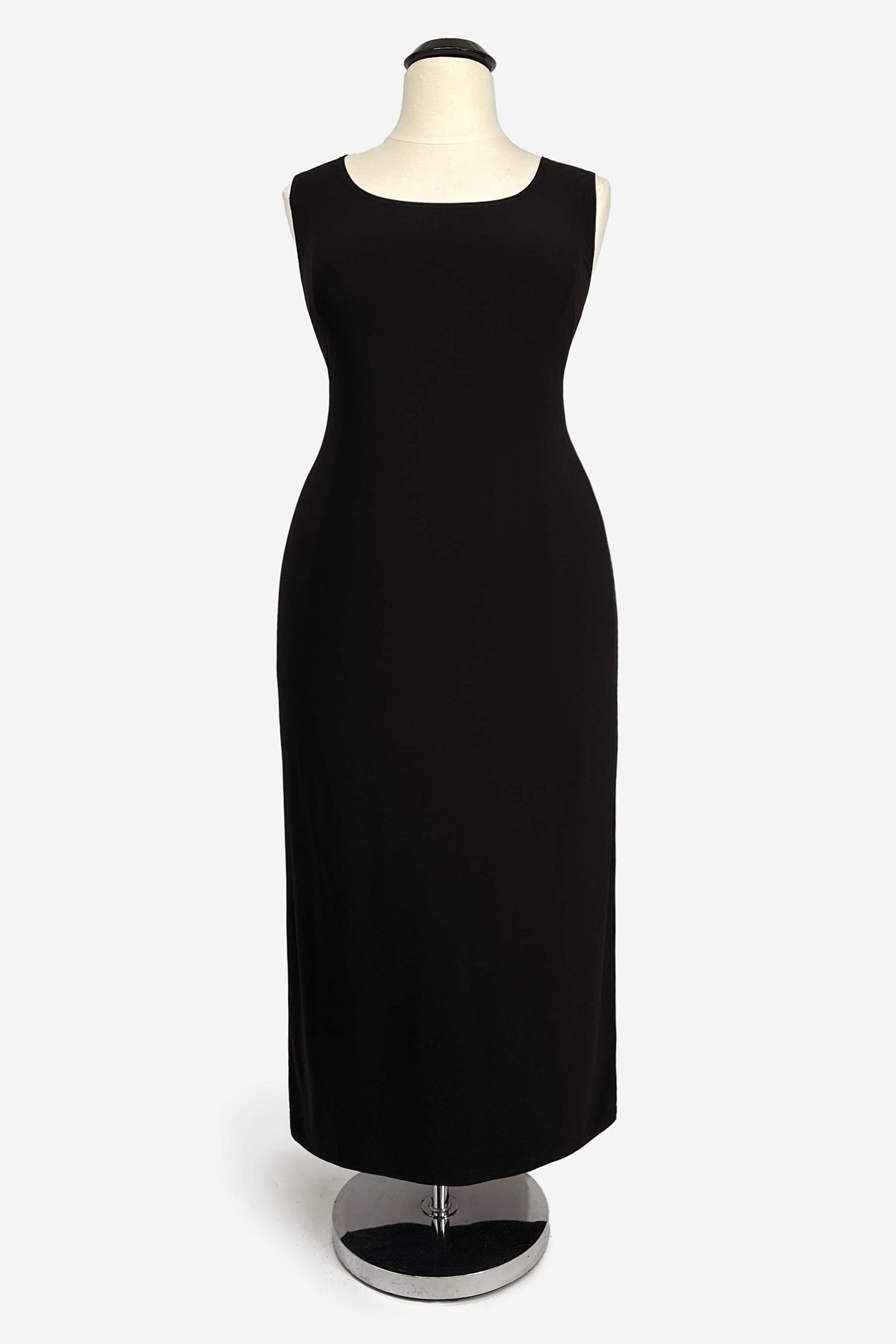 Black fitted column evening dress on mannequin with simple sleeveless neckline
