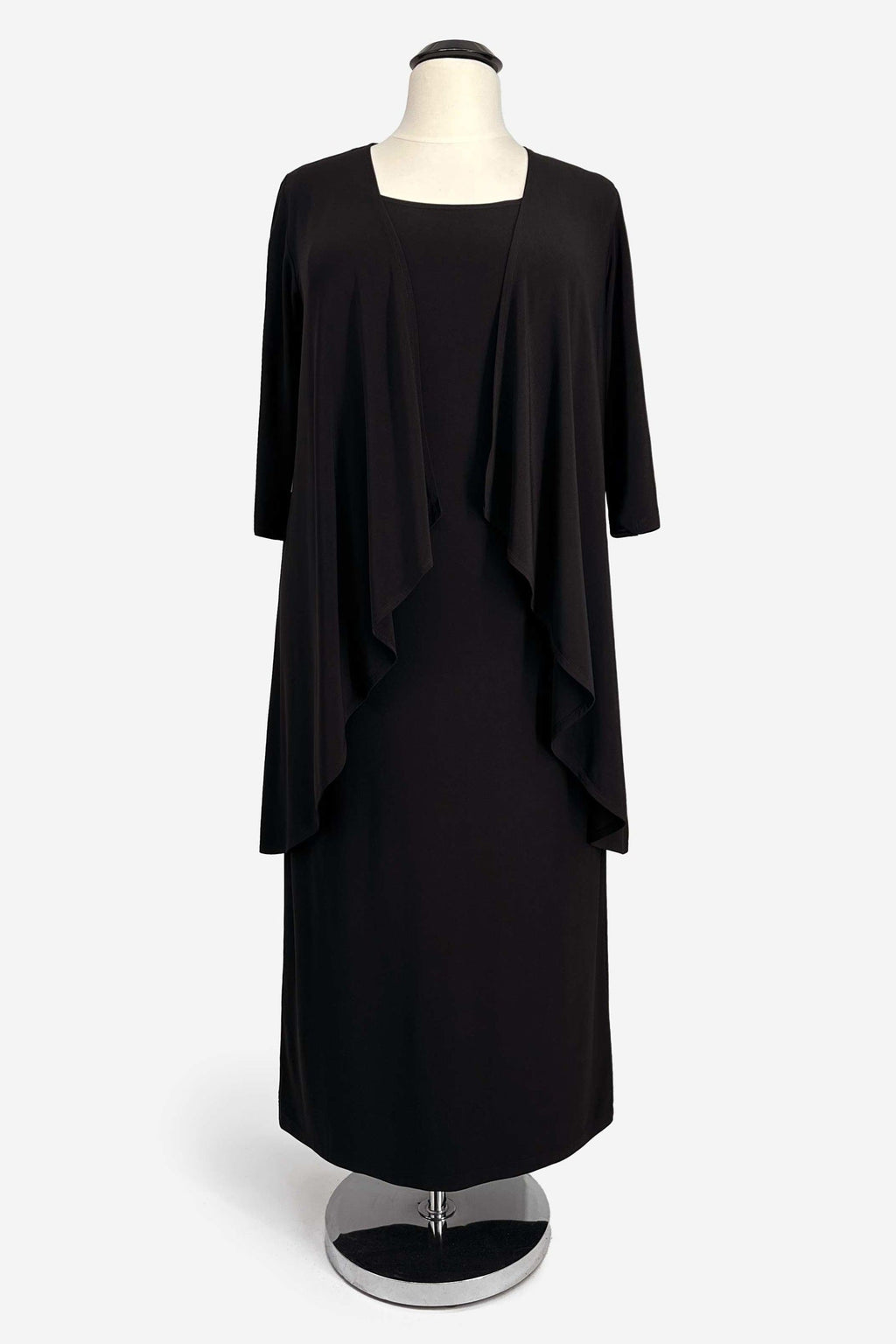 Black semi-formal evening 2-piece gown set, draped overlay and three-quarter sleeves
