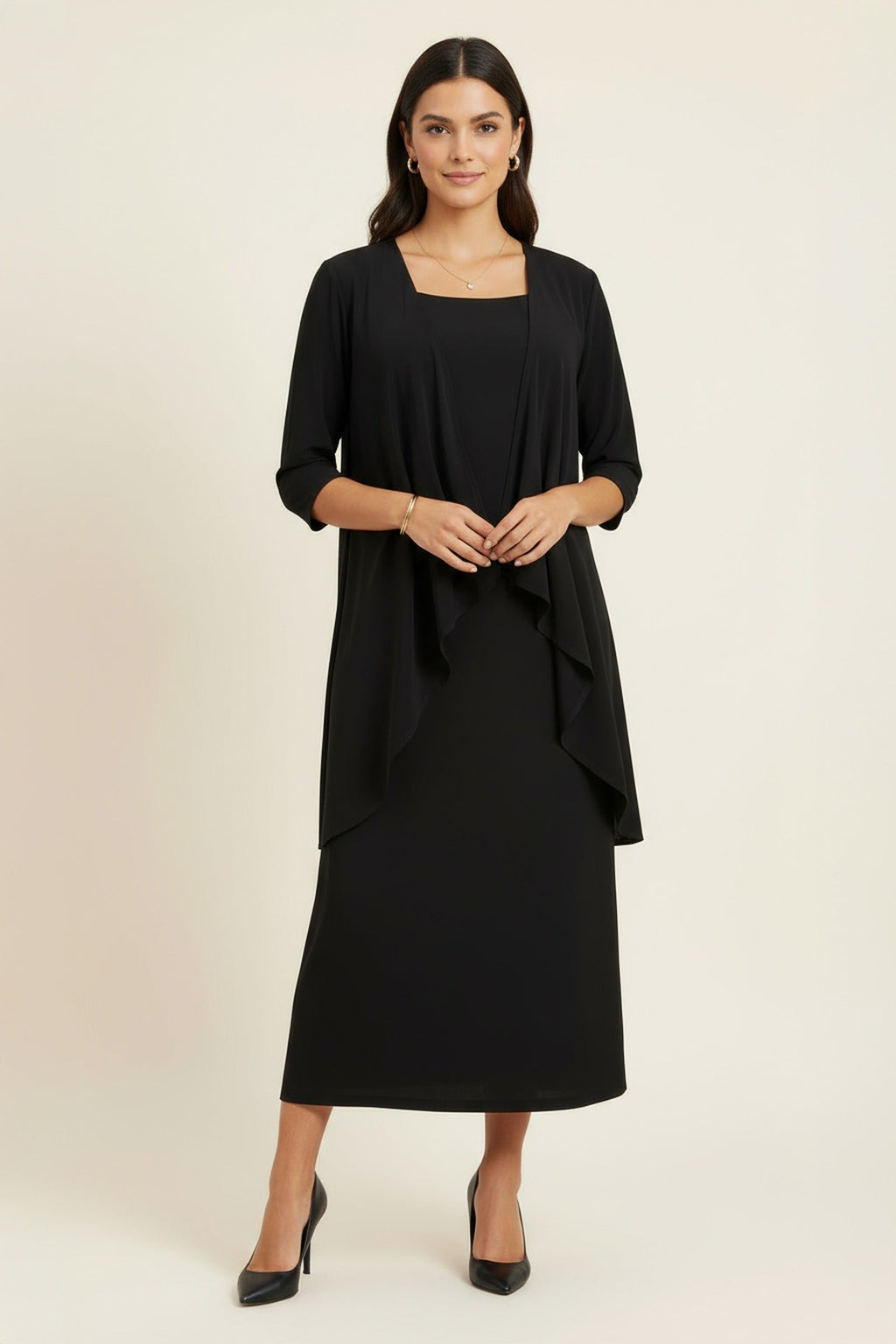 Black semi-formal evening 2-piece gown set with draped front, three-quarter sleeves