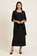 Black semi-formal evening 2-piece gown set with draped front, three-quarter sleeves