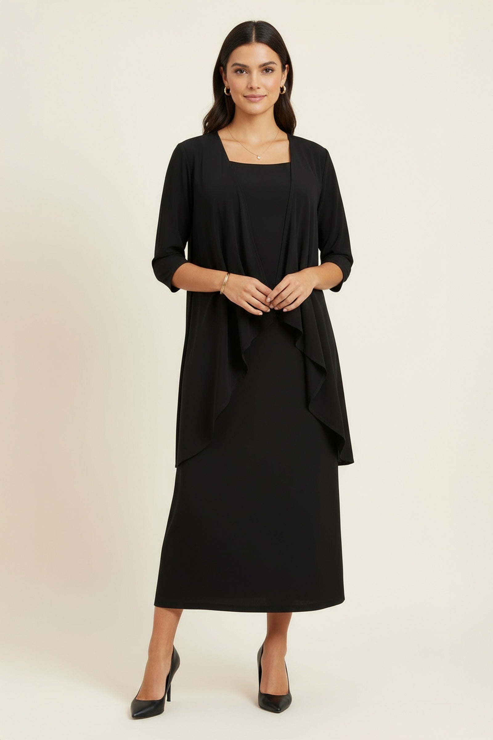 Black semi-formal evening 2-piece gown set with draped front, three-quarter sleeves