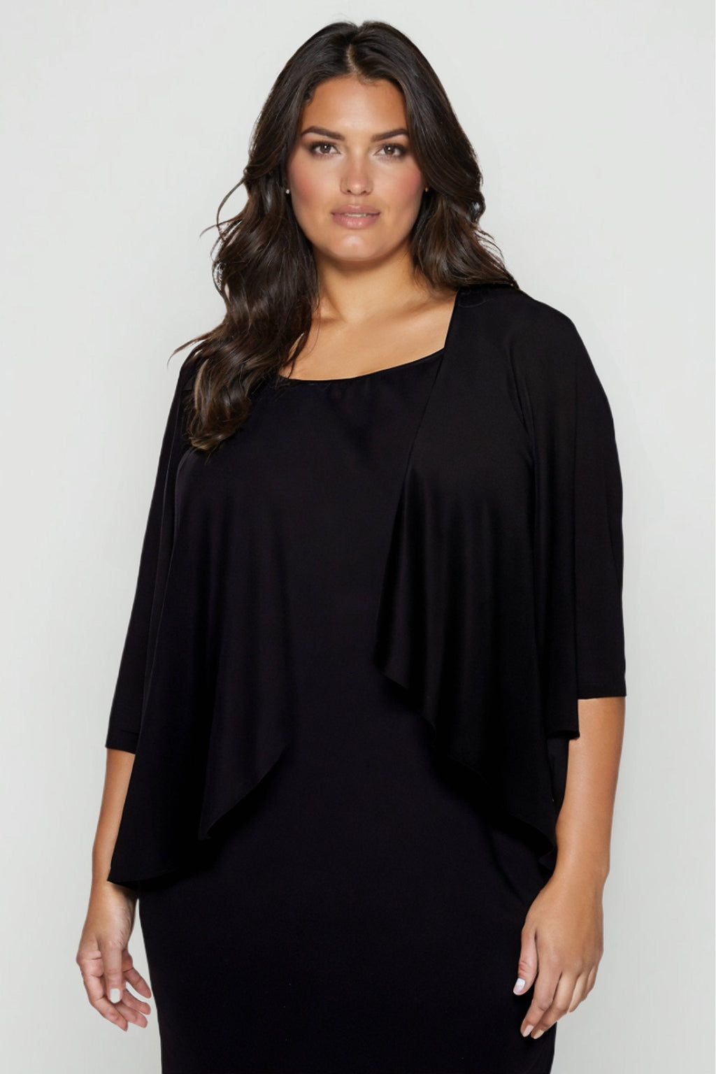 Black semi-formal evening 2-piece gown with curved neckline and draped top layer