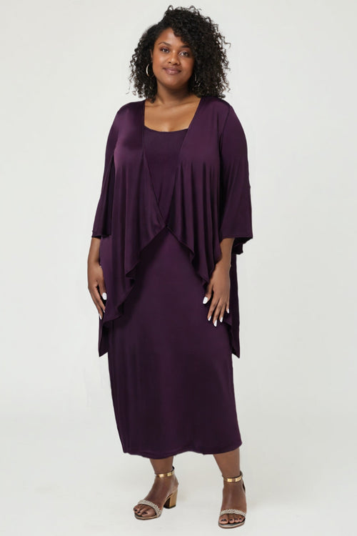 Semi-formal evening gown set in eggplant purple: draped cape and fitted midi dress