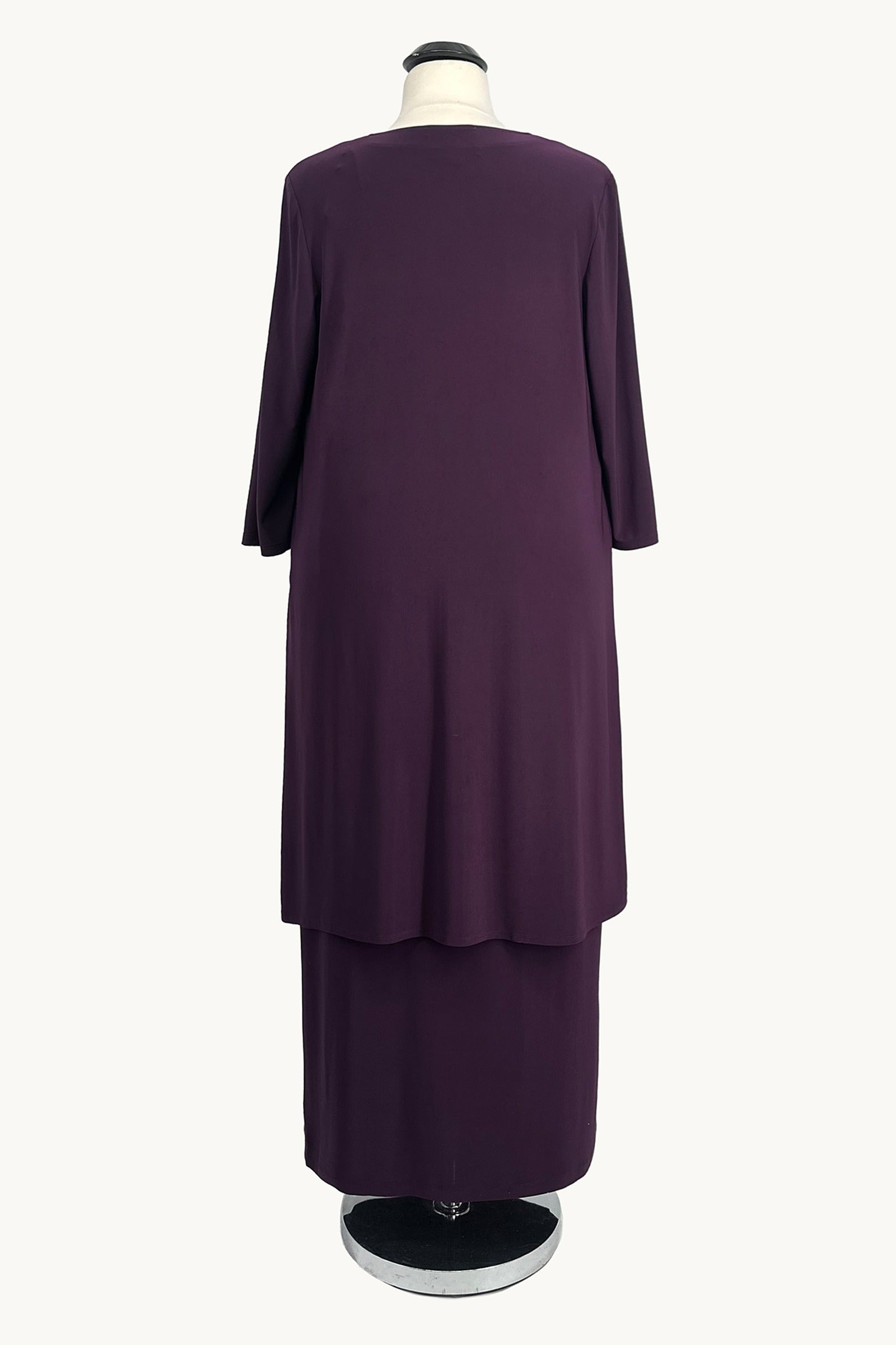 Eggplant purple semi-formal gown set, back view: cape overlay with long fitted skirt