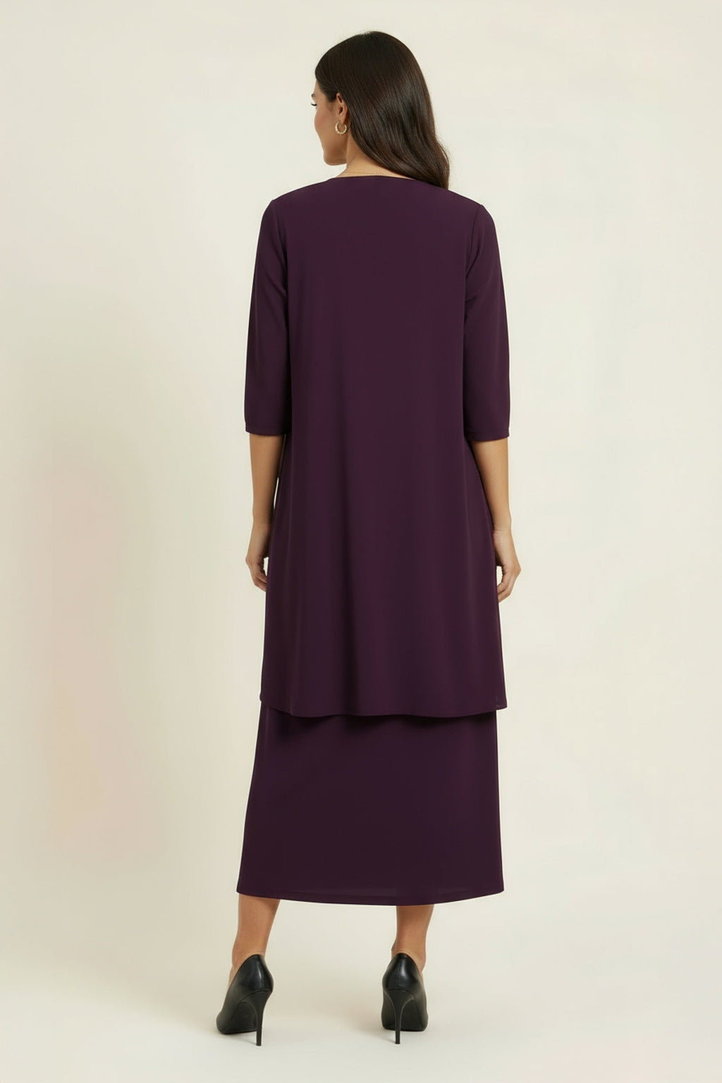 Eggplant semi-formal evening 2-piece gown set, back view with draped overlay