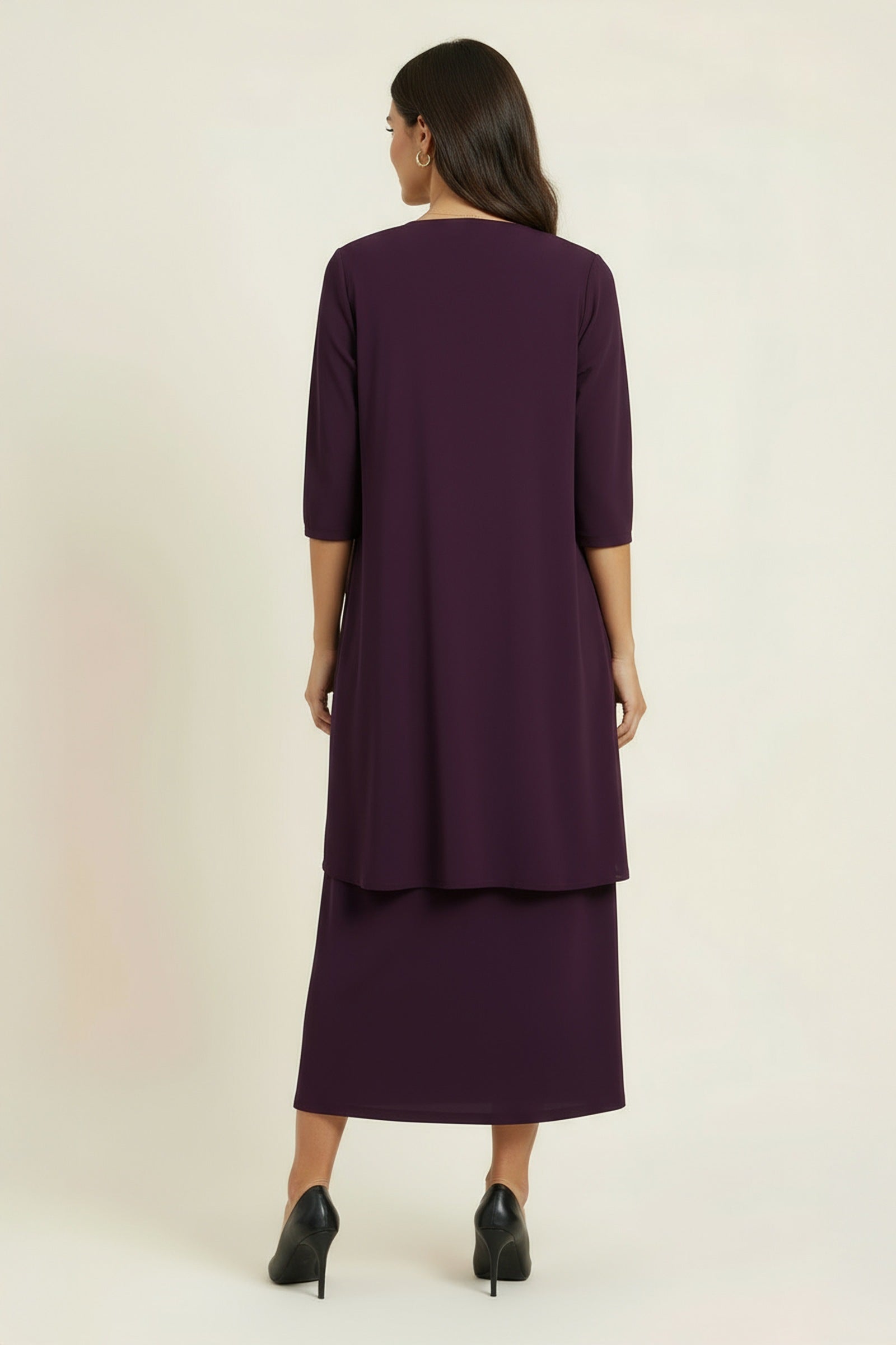 Eggplant semi-formal evening 2-piece gown set, back view with draped overlay