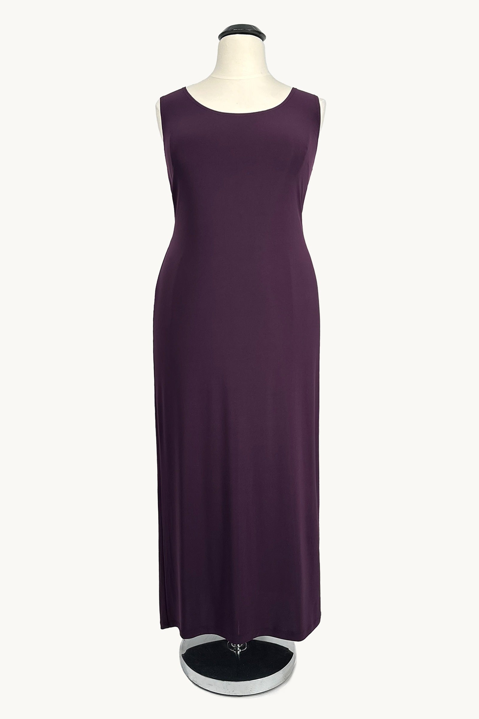 Eggplant purple sleeveless fitted midi dress with draped front detail