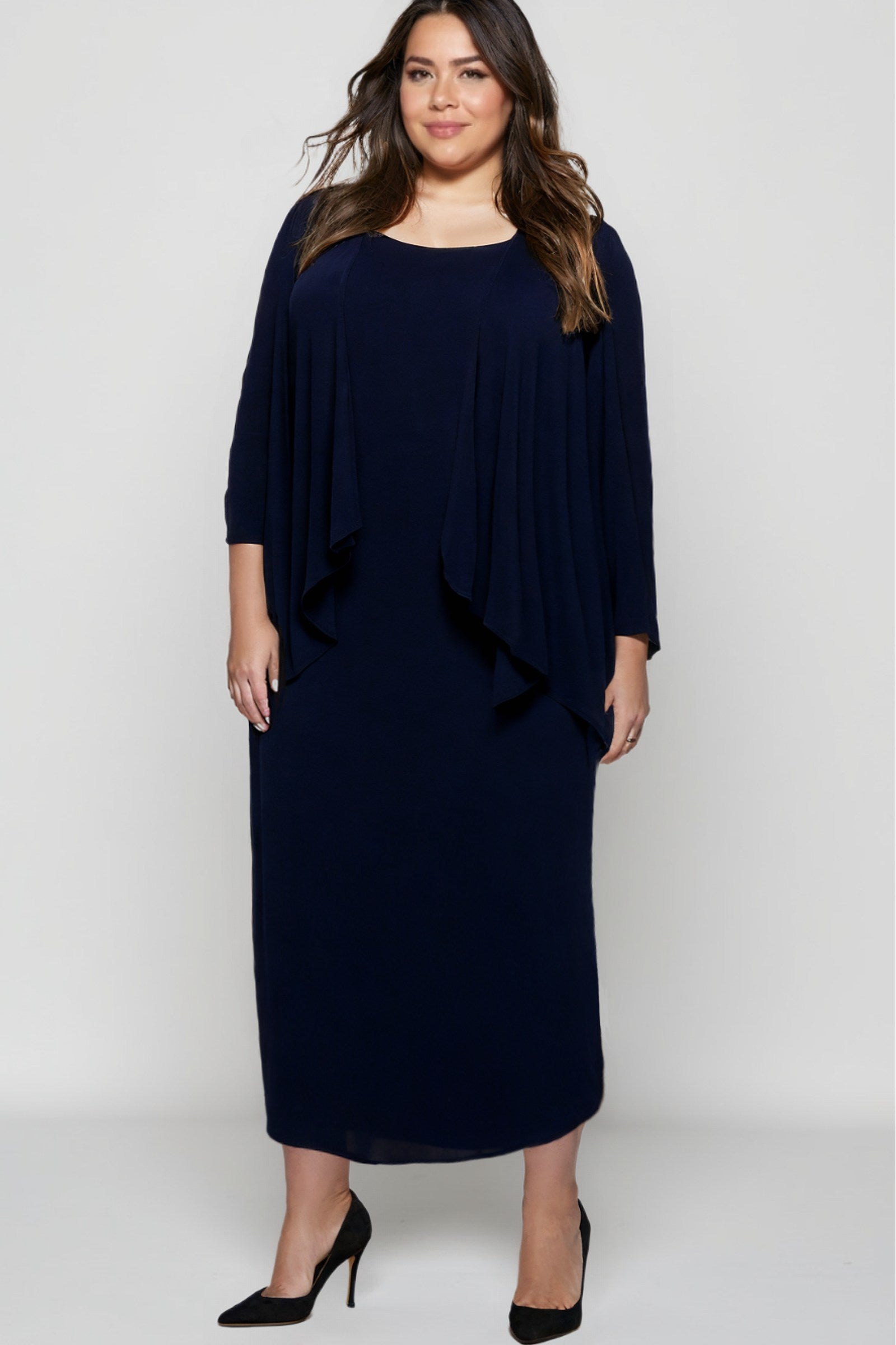 Navy blue semi-formal gown set front view with draped cape overlay and fitted midi dress