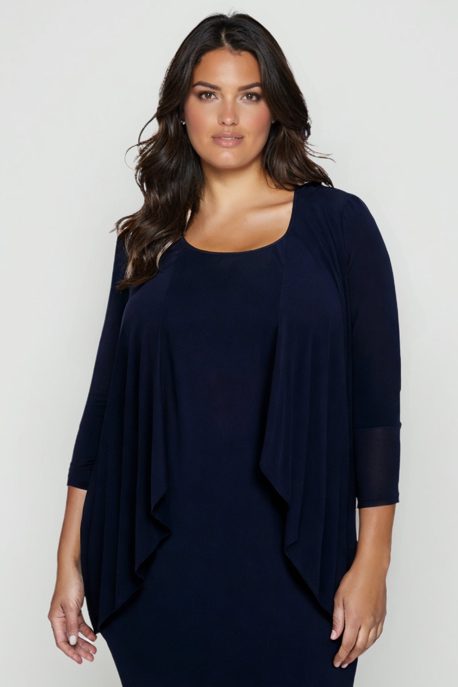 Navy semi-formal evening 2-piece gown with three-quarter sleeves and draped overlay