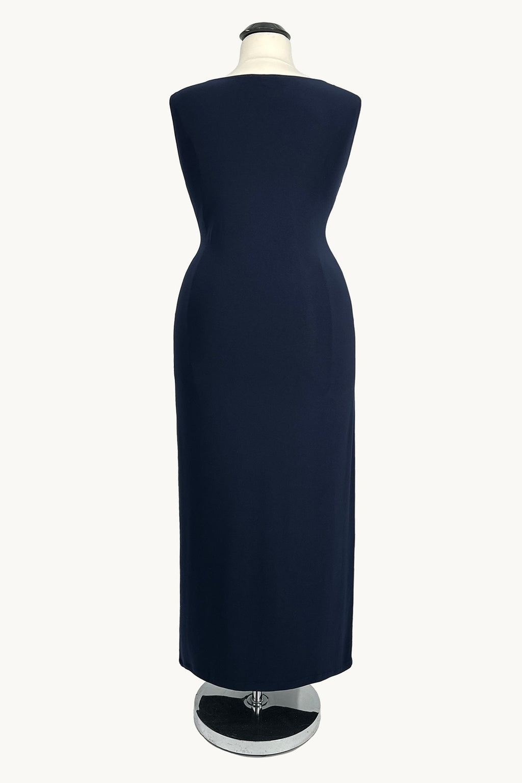 Navy fitted column evening gown with back view; draped overlay detail