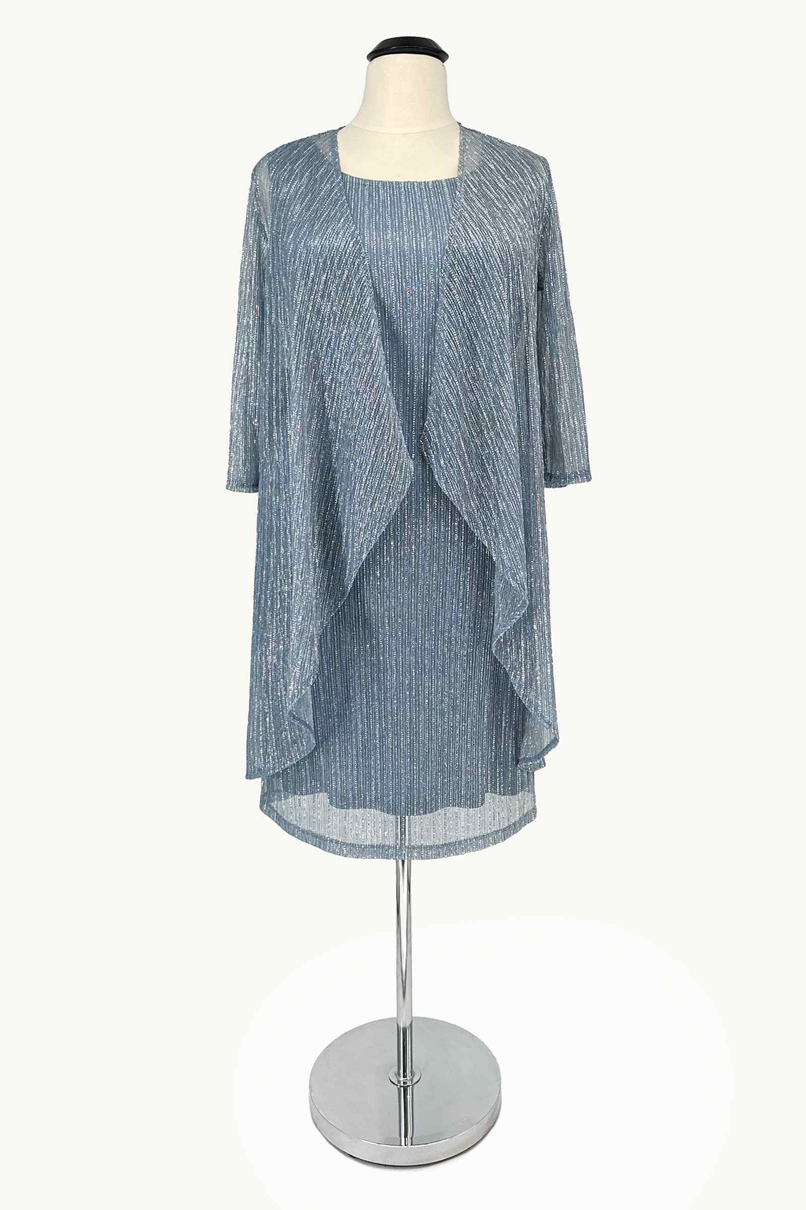 Blue 2-piece evening gown with draped overlay top and matching skirt