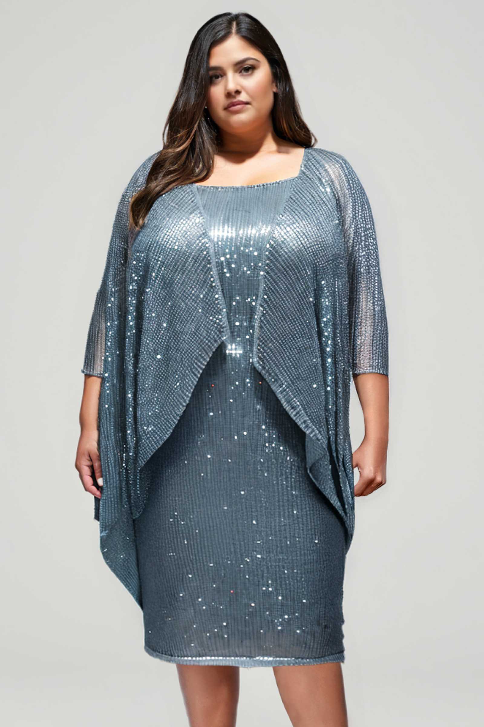 Blue sequin short evening dress with draped overlay and square neckline