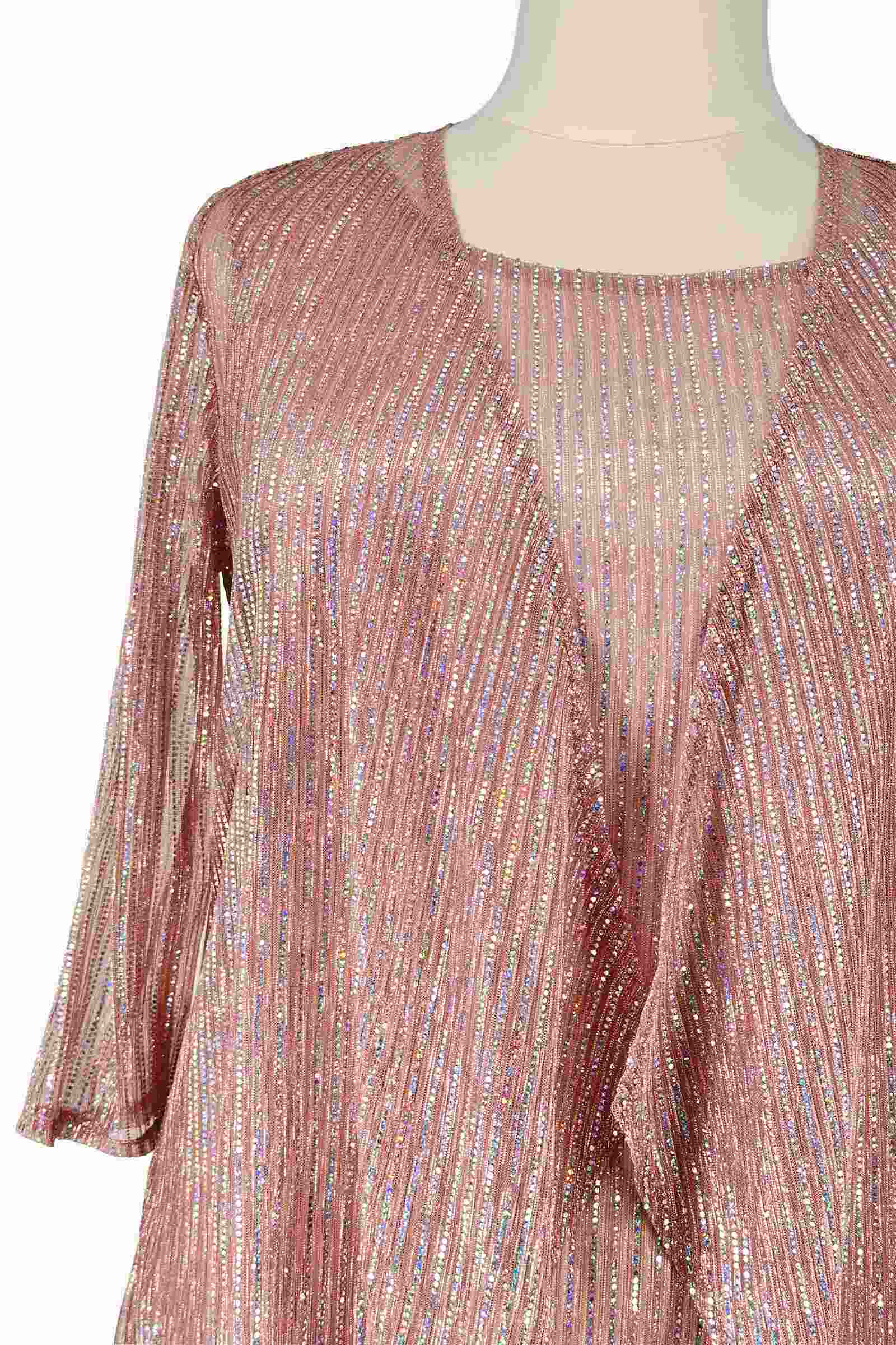 Rose gold sequin fabric detail of draped overlay and square neckline dress