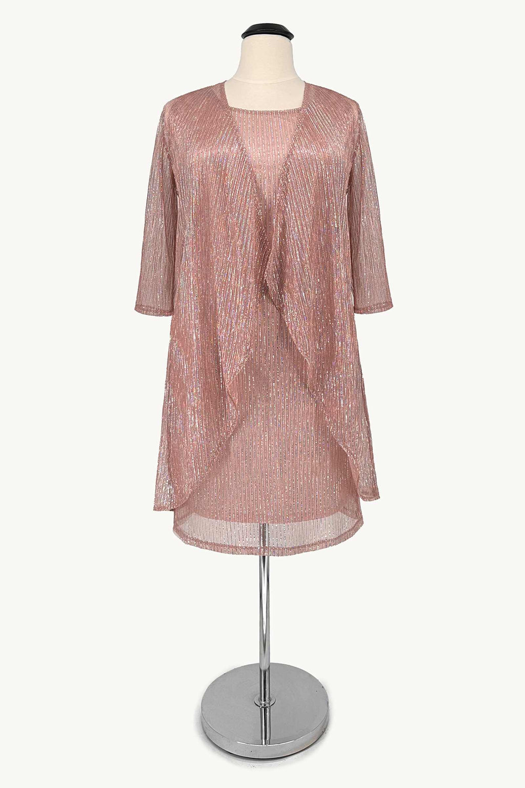 Rose gold sequin draped overlay dress with three-quarter sleeves on dress form