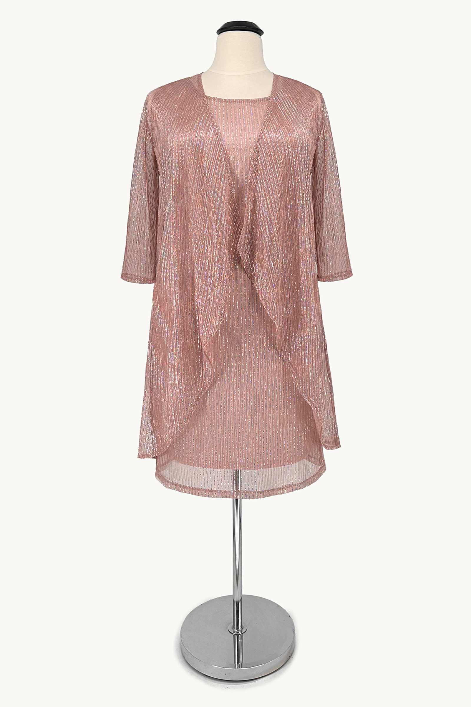Rose gold sequin draped overlay dress with three-quarter sleeves on dress form