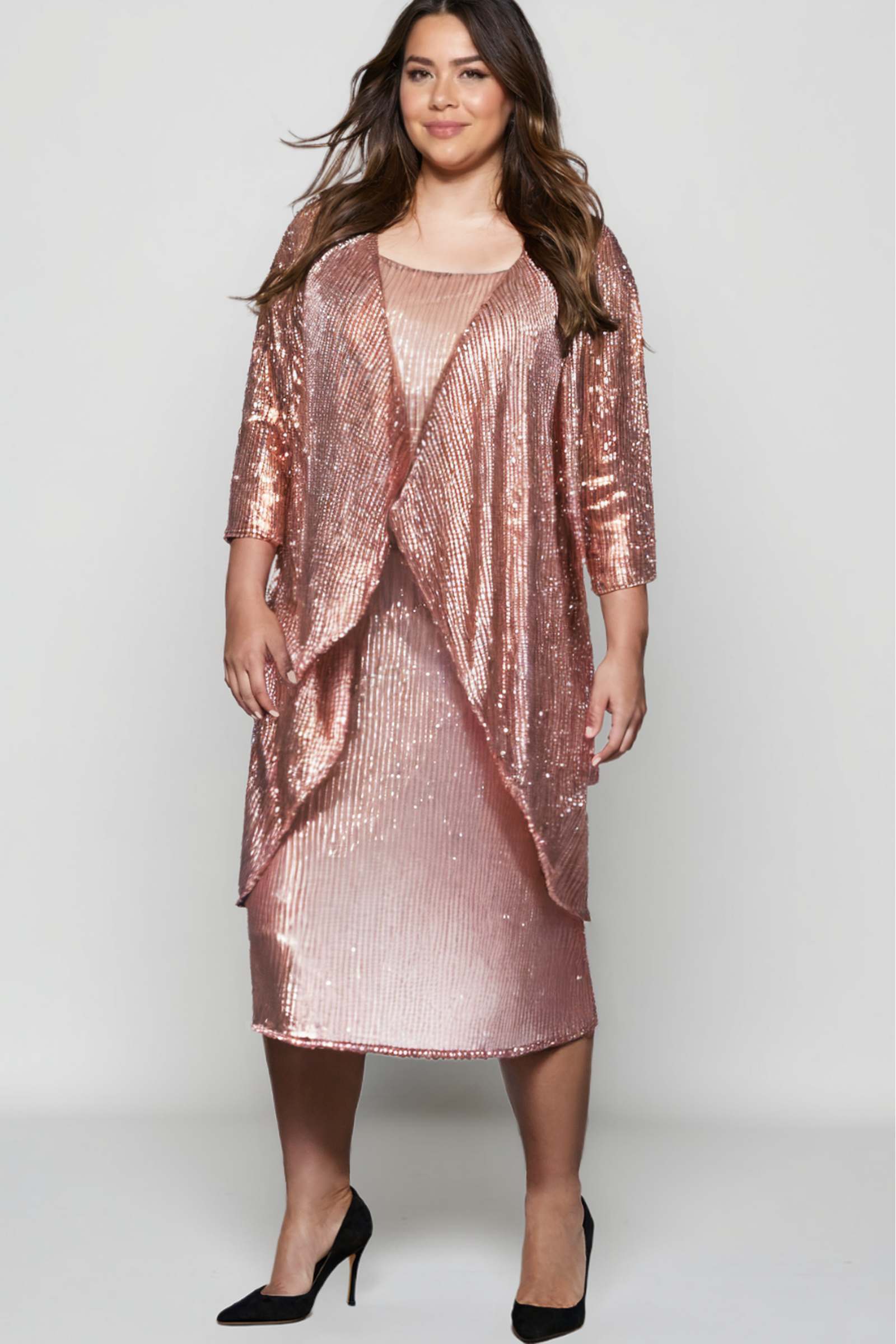 Rose gold sequin short evening dress with draped front overlay, three-quarter sleeves