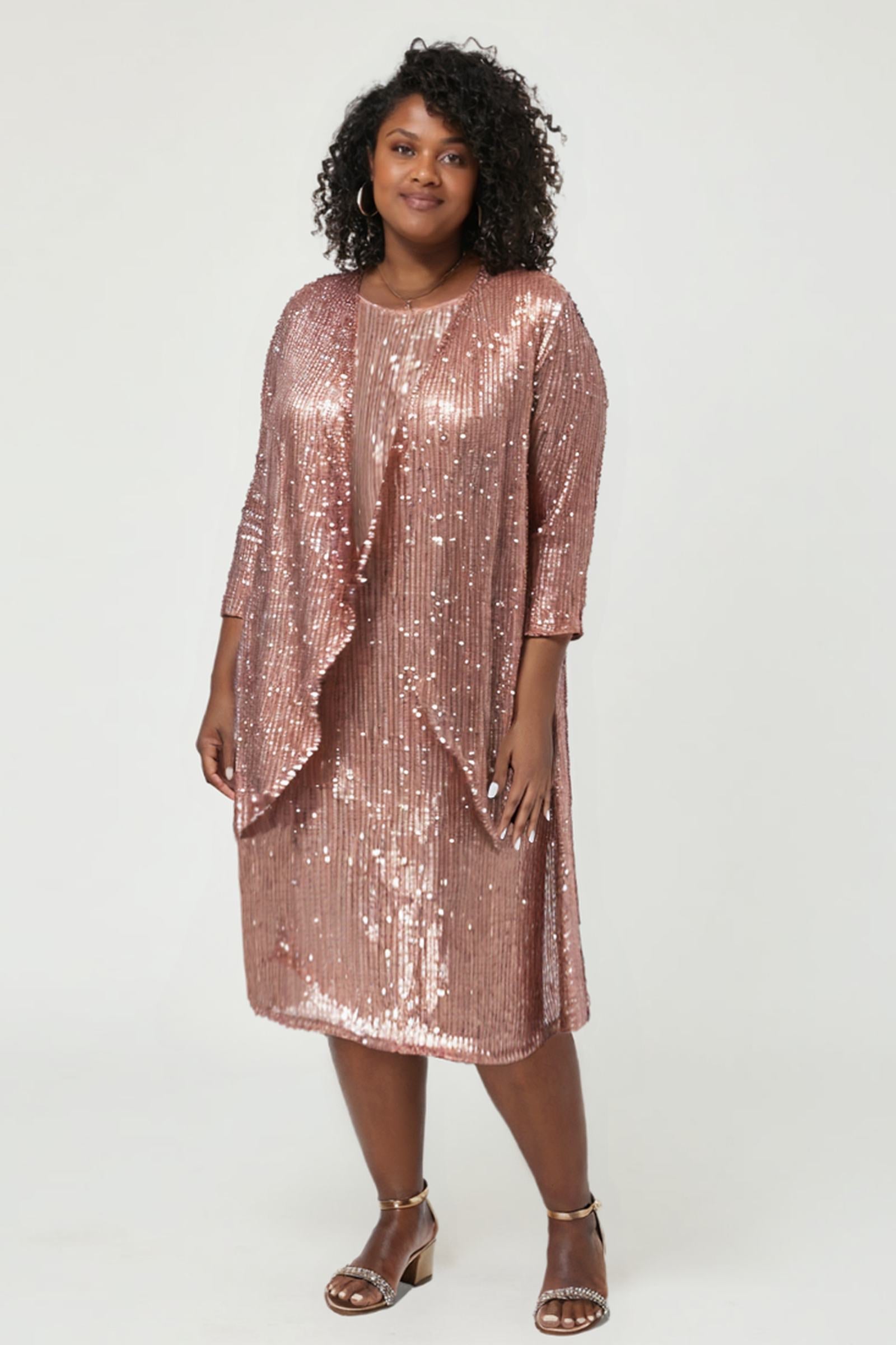 Rose gold sequin 2-piece evening gown set with draped overlay, three-quarter sleeves