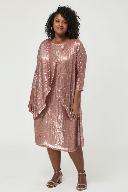Rose gold sequin 2-piece evening gown set with draped overlay, three-quarter sleeves