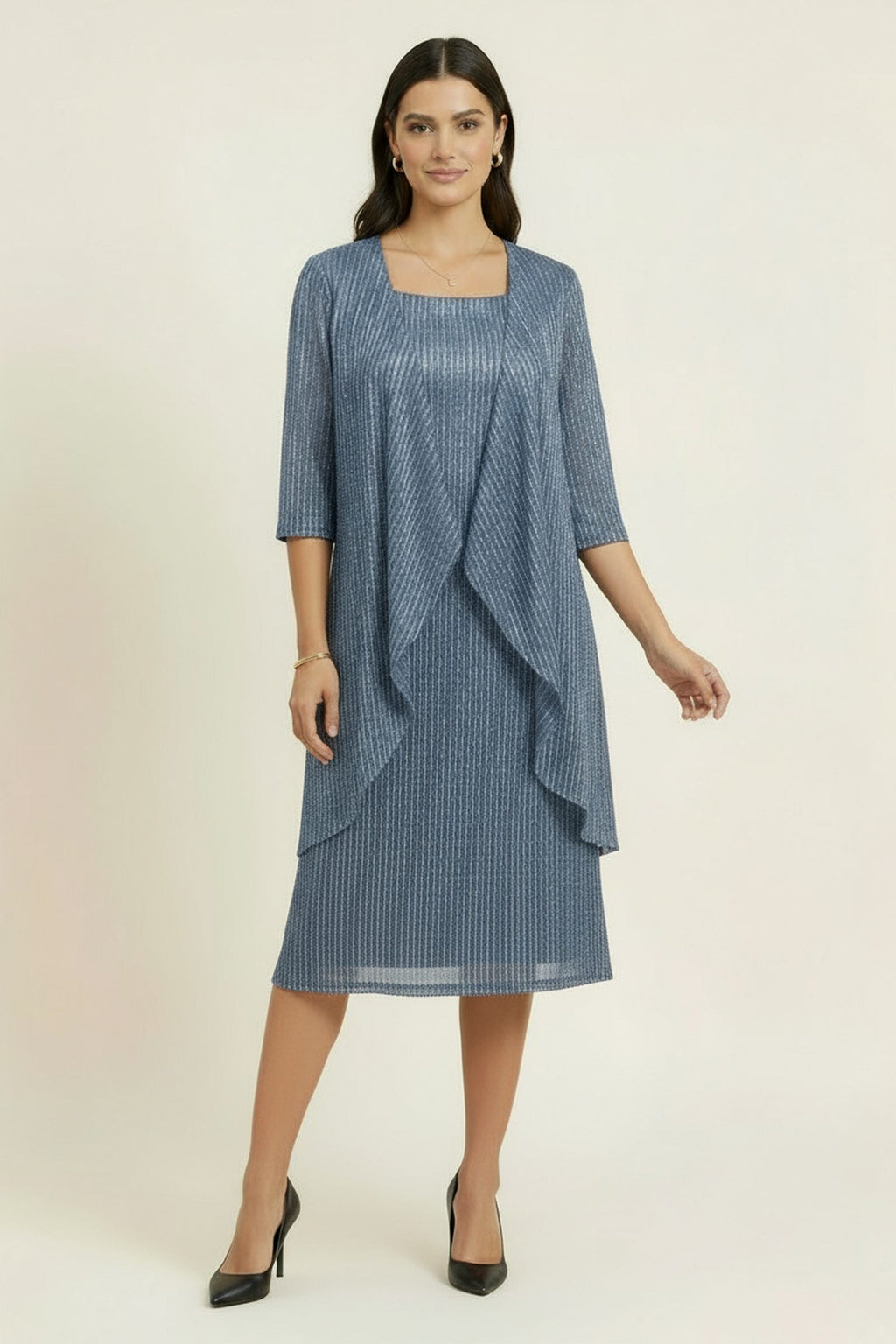 Blue sequin mini dress with draped overlay, three-quarter sleeves