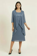 Blue sequin mini dress with draped overlay, three-quarter sleeves