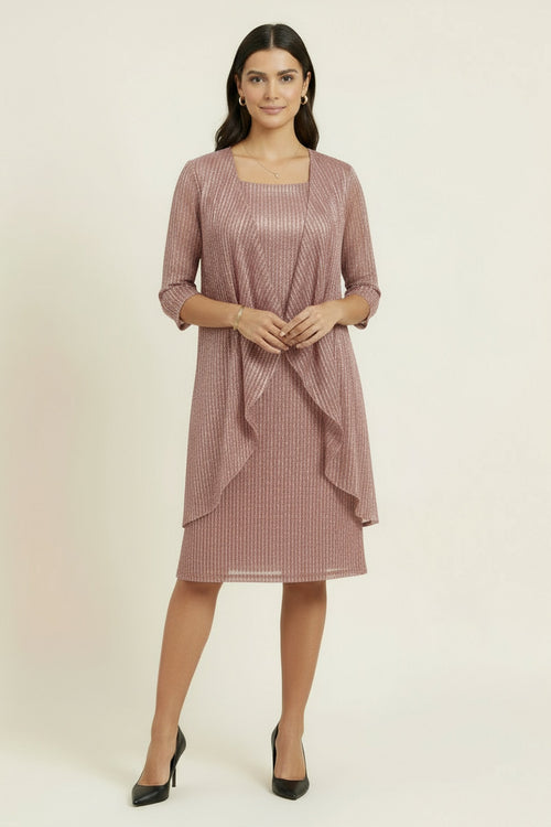 Rose gold sequin mini dress with draped overlay, three-quarter sleeves
