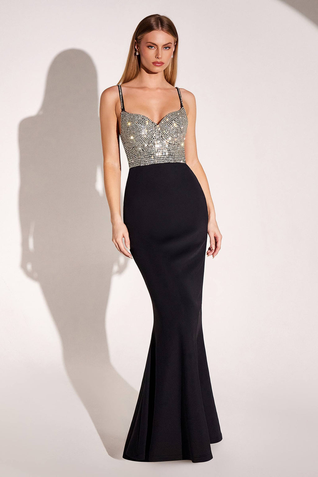 Black fitted gown with silver embellished sweetheart bodice and narrow shoulder straps