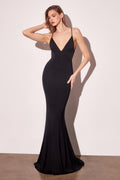 Black fitted evening gown with V-neckline, spaghetti straps, and open back