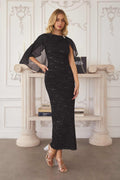 Black sequin lace gown with detachable sheer cape overlay, short cape sleeves
