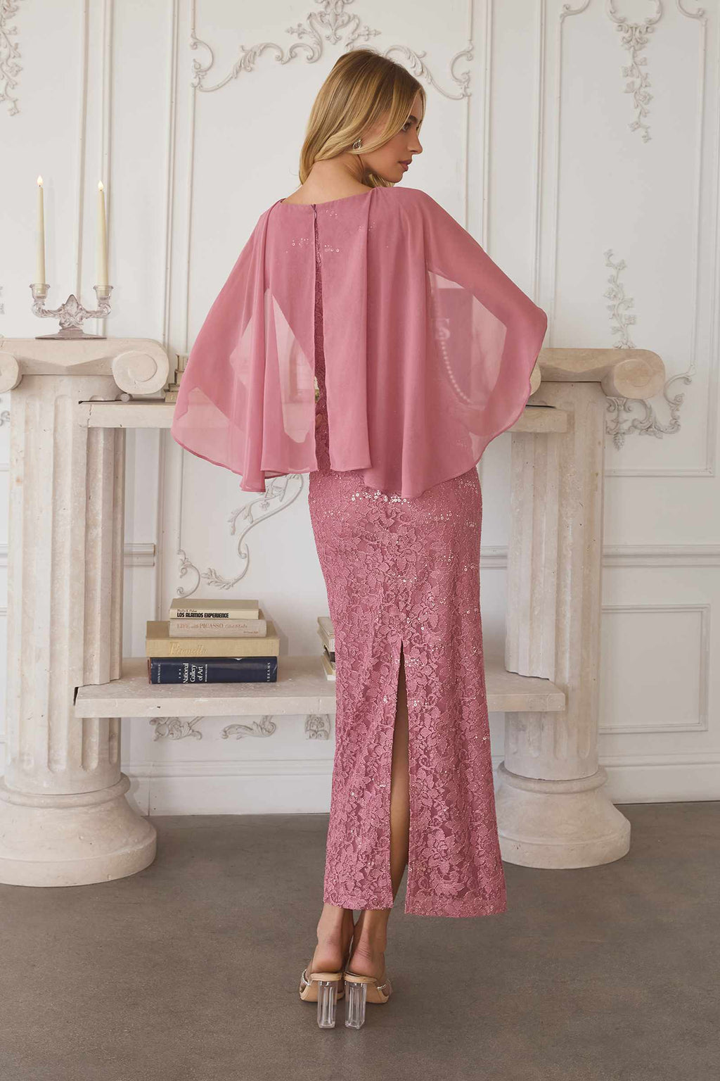 Dusty rose sequin lace gown with detached-looking sheer cape overlay, back drape