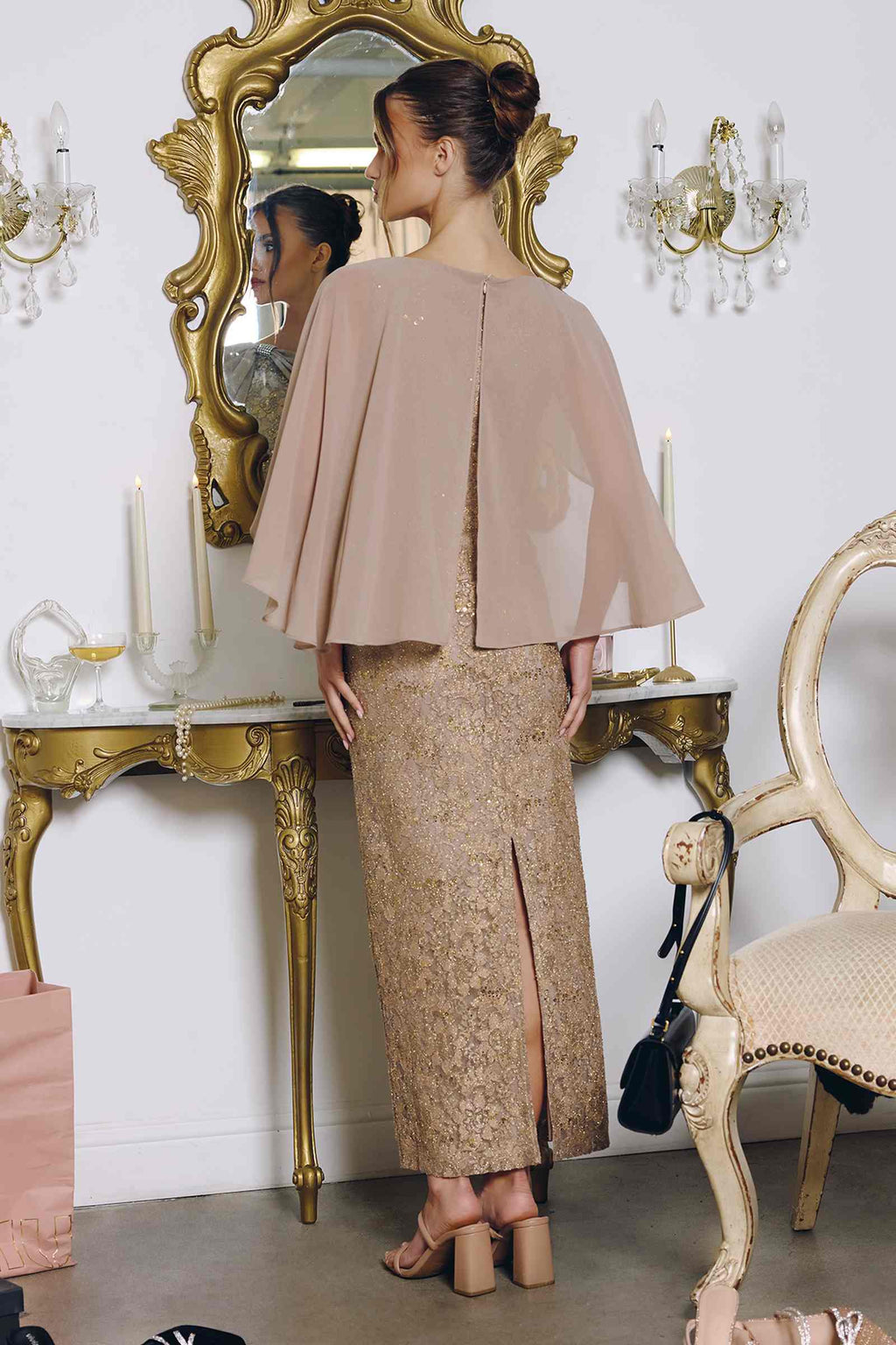 Mocha sequin lace gown with detachable sheer cape overlay, open back cape