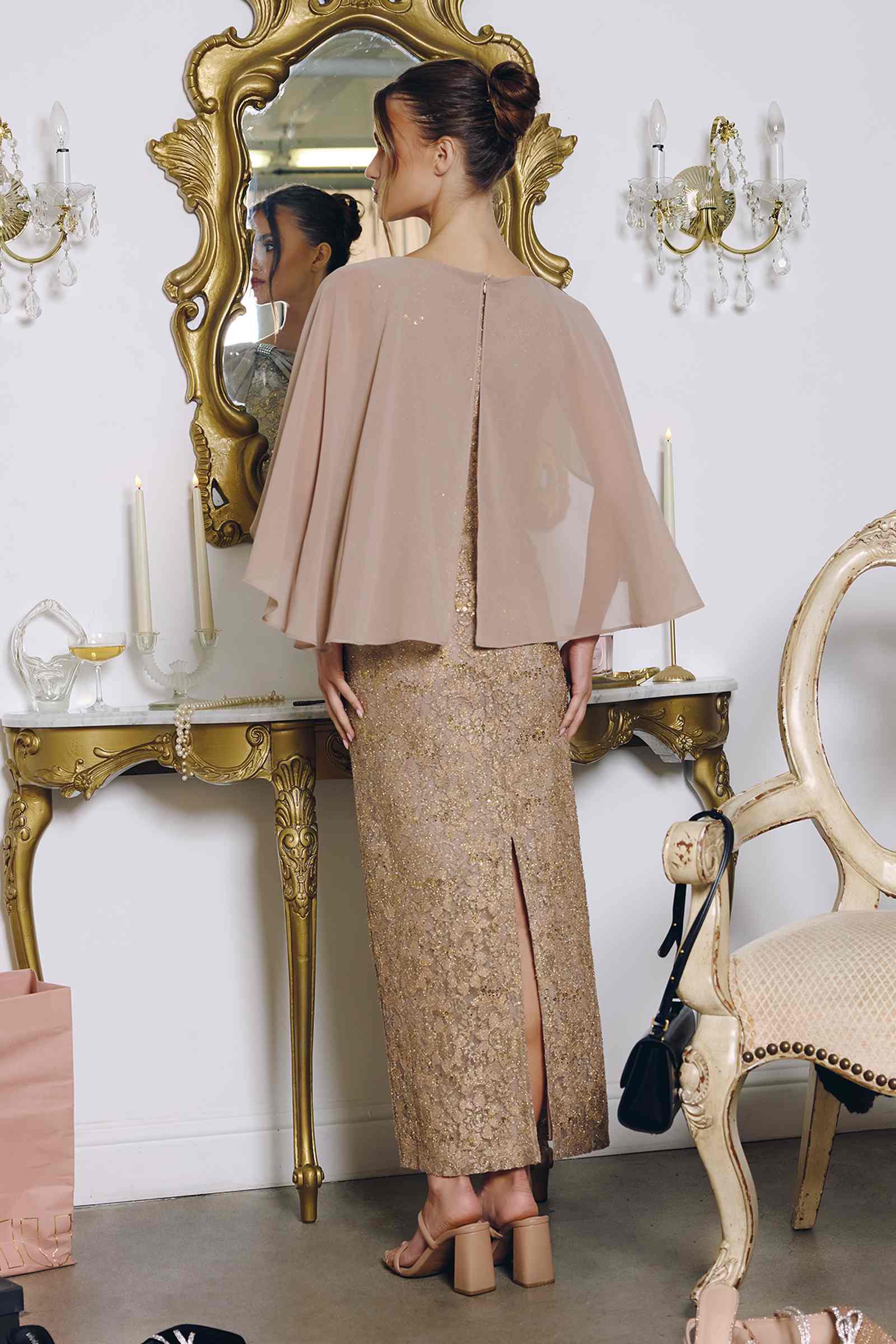 Mocha sequin lace gown with detachable sheer cape overlay, open back cape