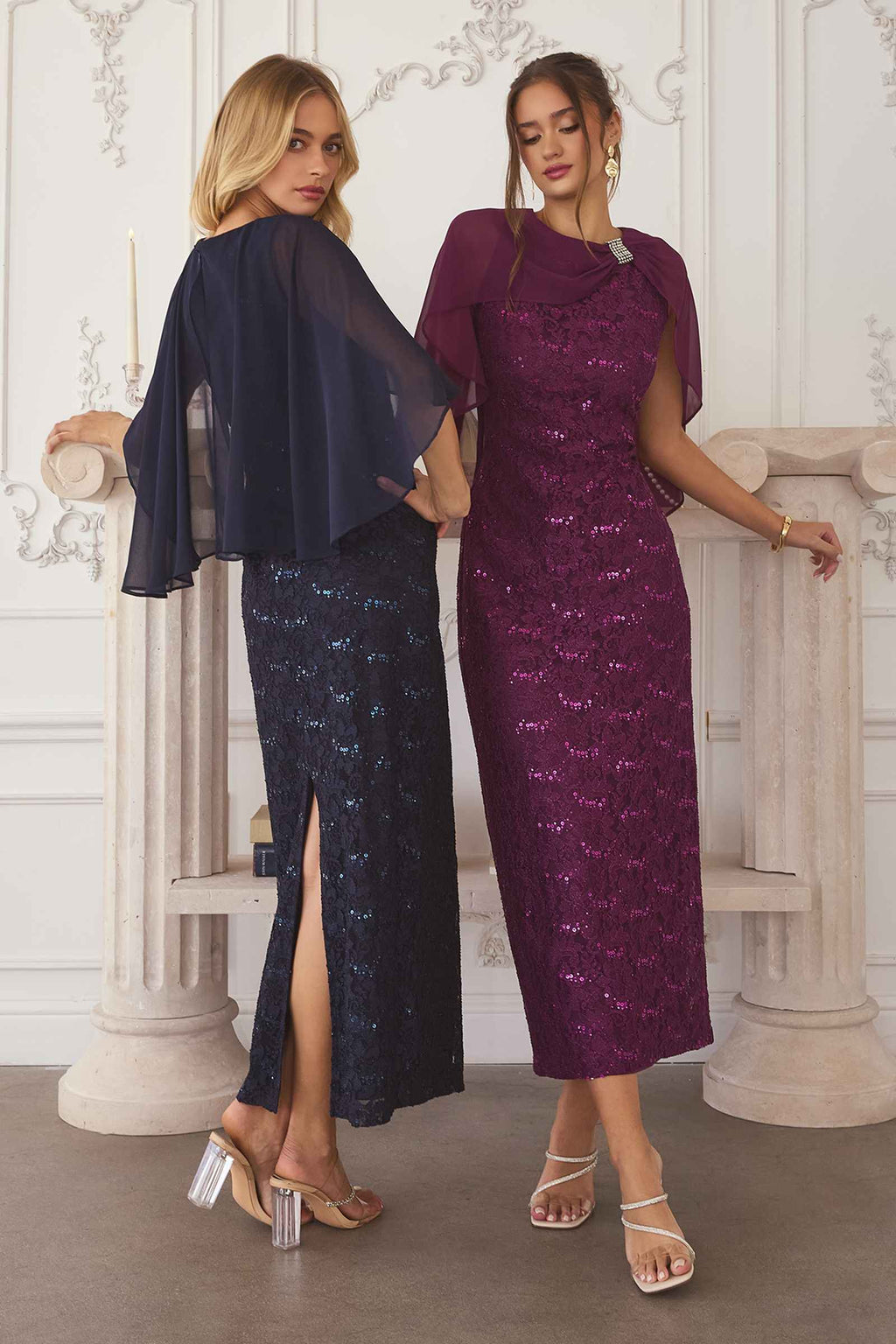 Navy-blue sequin lace gown with detachable sheer cape overlay, fitted column silhouette