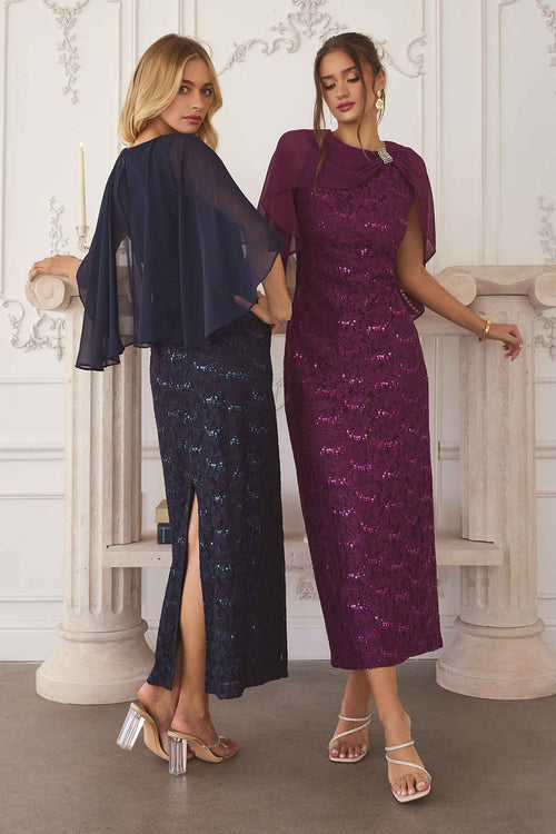 Navy-blue sequin lace gown with detachable sheer cape overlay, fitted column silhouette