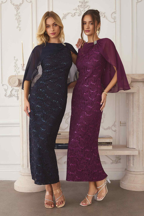 Black sequin lace gown with detachable sheer cape overlay, fitted column silhouette
