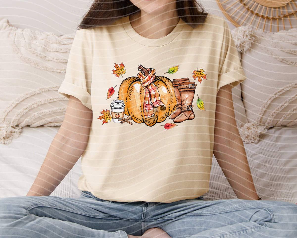 Cream crew-neck T-shirt with pumpkin and autumn leaves graphic