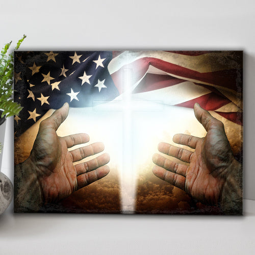 Framed canvas wall art with glowing cross, hands, and American flag stars and stripes