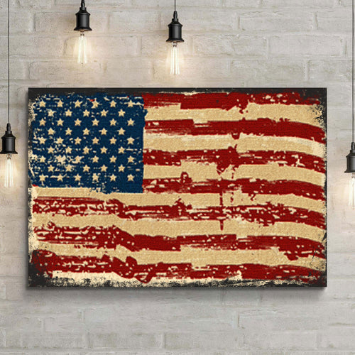 American flag canvas wall art with blue stars and red distressed stripes