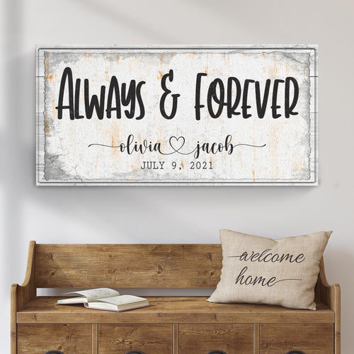 Framed landscape wall sign 'Always & Forever' with 'Olivia Jacob' and date in script