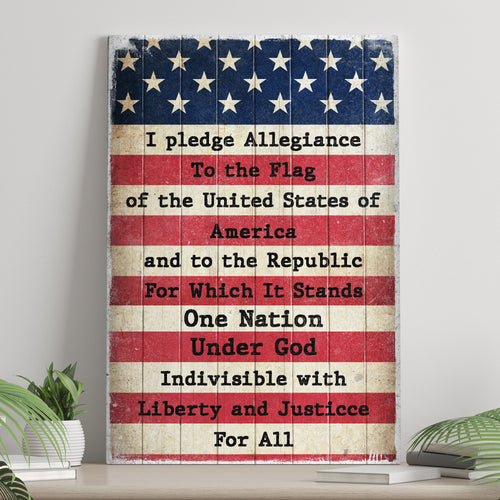Pledge Allegiance canvas wall art sign with blue stars and red stripes, serif text