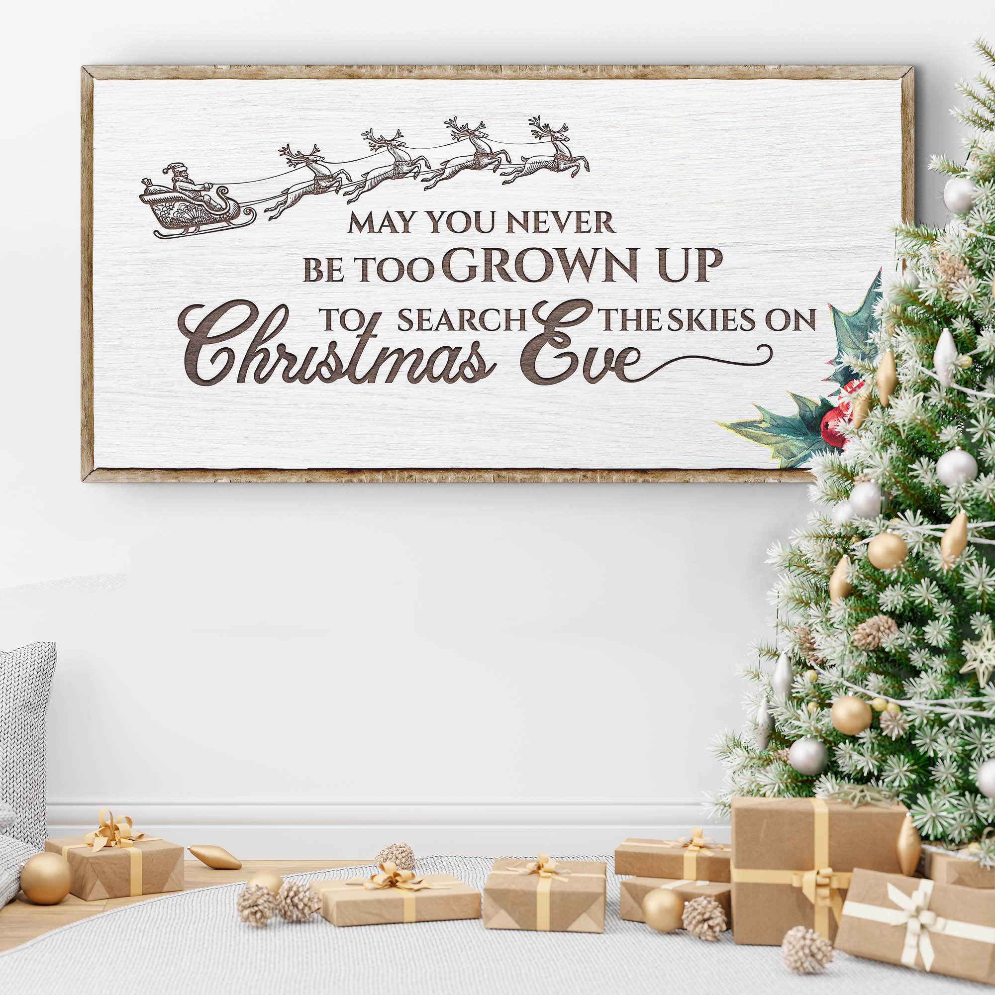 Wood-framed Christmas Eve farmhouse sign with holly sprig, sleigh graphic, and quote text