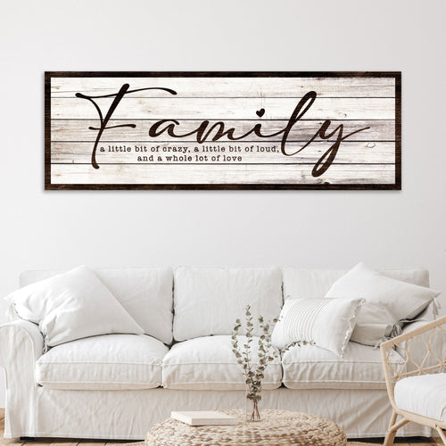 Framed family wall sign with white woodgrain background and cursive 'Family' text