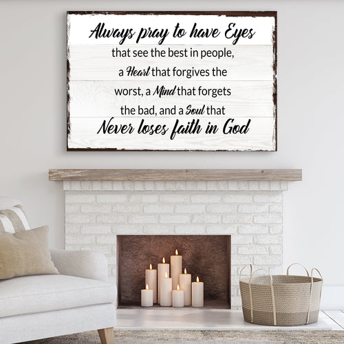 Framed canvas wall art with scripture quote in black cursive on a white textured background