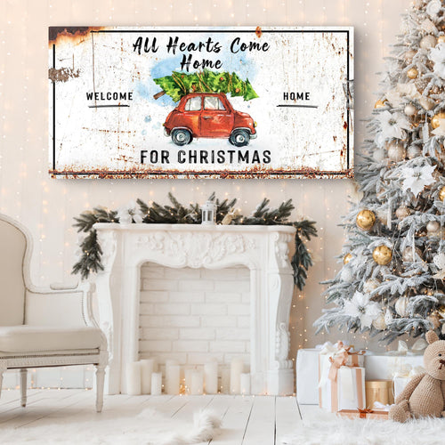 Christmas wall sign with red vintage car, green wreath, and Welcome/Home text