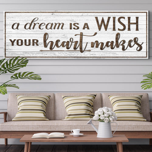 Inspirational wall sign, distressed wood frame, 'WISH your heart makes' typography