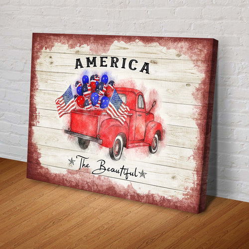Patriotic canvas wall art angled view with red truck, blue balloons, and AMERICA title