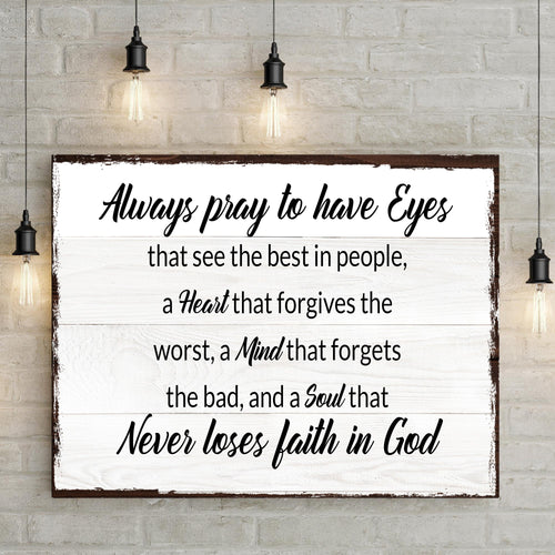 Framed canvas wall art with scripture quote in black cursive on a white distressed background