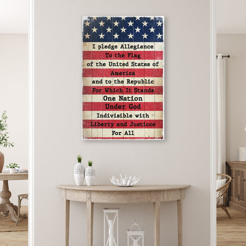Pledge Allegiance wall art sign on the wall, small size with stars and stripes text