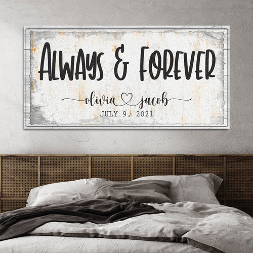 Framed couple wall sign reading 'Always & Forever' with 'Olivia Jacob' and date
